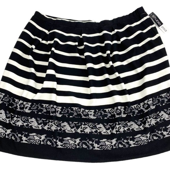 Ladies Skirt Black and White Stripped Cute Spring Skirt with Lace Plus 2x - Picture 1 of 8